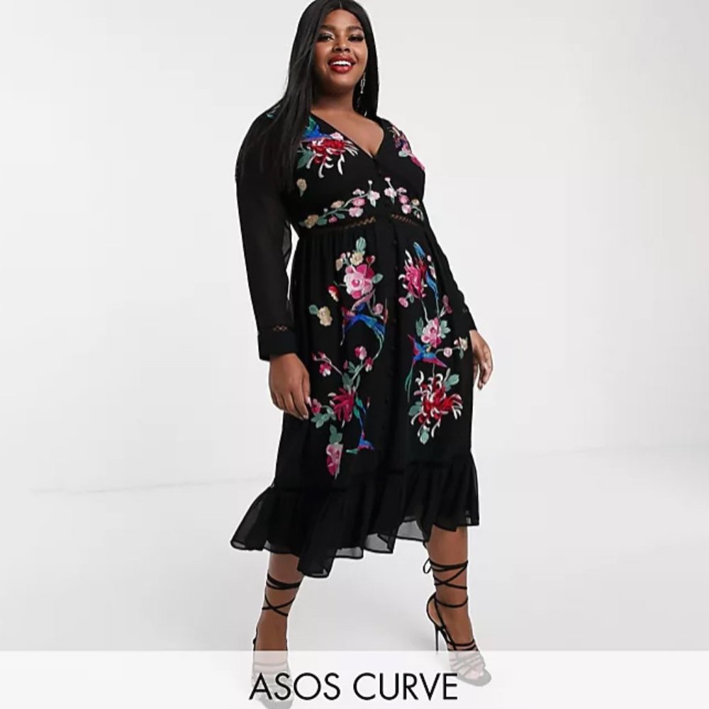 ASOS DESIGN Curve Embroidered Skater Midi Dress w/ Lace Trims and Peplum Hem NWT